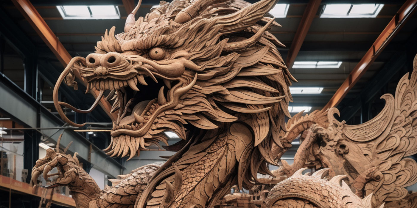 Statuette grand dragon chinois, mythologie chinoise, portant la perle du  bonheur